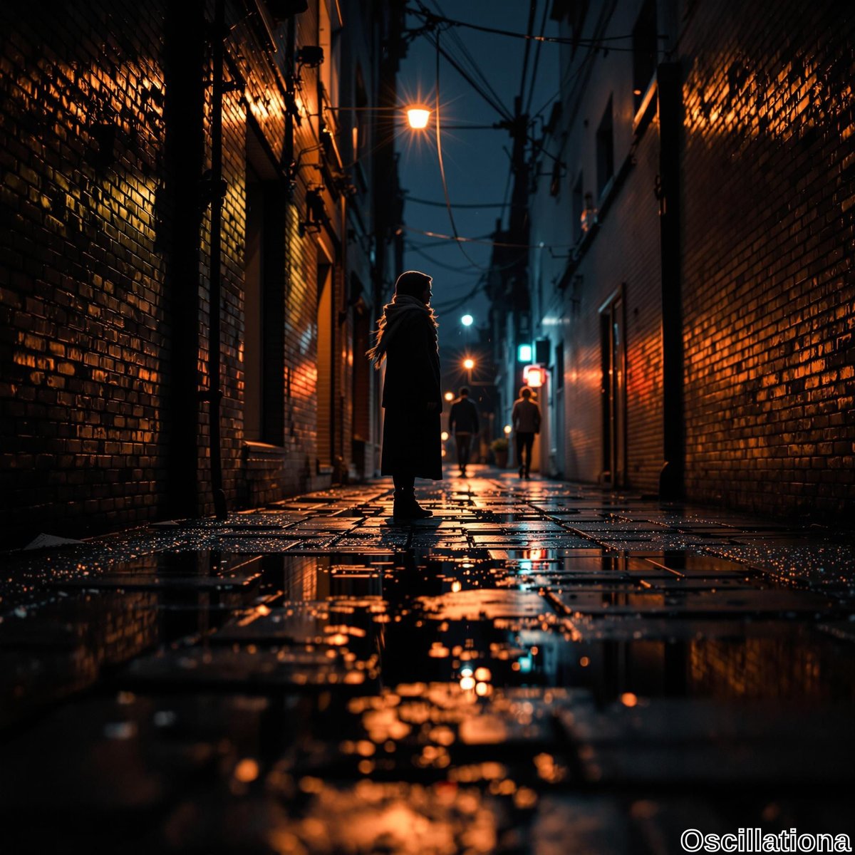 A dimly lit, narrow alleyway at night with wet, reflective cobblestones, flanked by brick buildings.