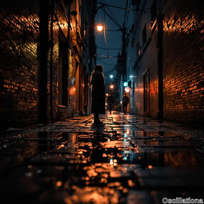 A dimly lit, narrow alleyway at night with wet, reflective cobblestones, flanked by brick buildings.