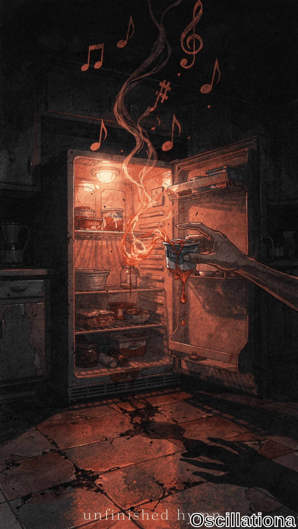 Gritty watercolor of dimly lit rundown kitchen: open fridge glows orange with flames, swirling smoke, floating musical notes over cluttered yogurt shelves. Pale elongated hand grips fiery blue tub, red goo drips to blood-pooled