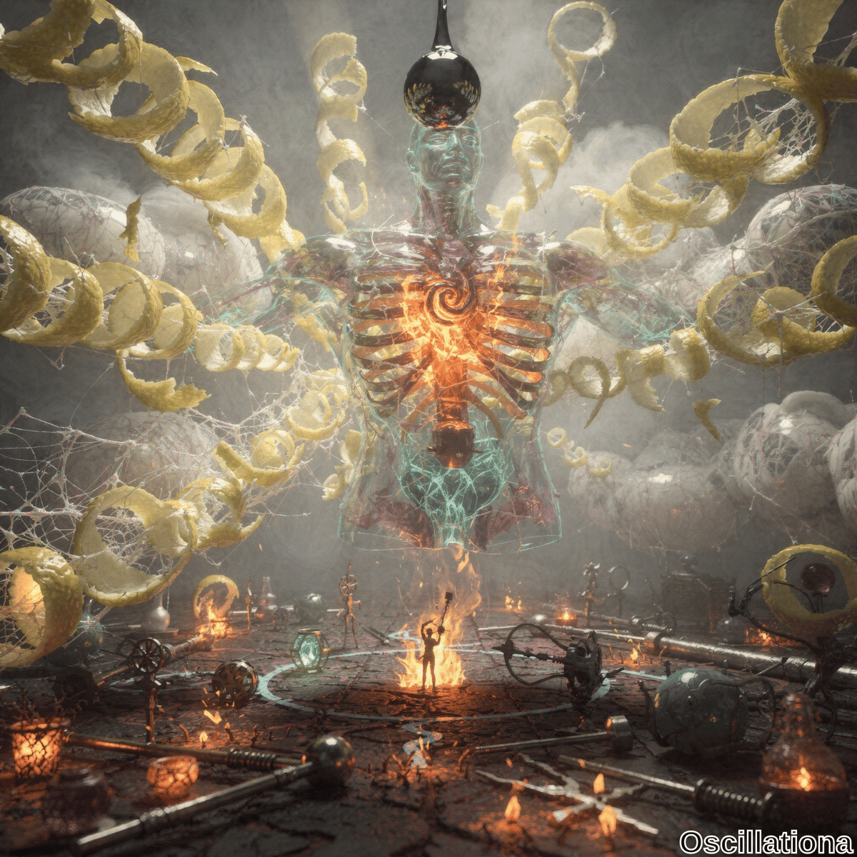 A translucent humanoid figure made of crystalline material with glowing orange and red internal structures stands at the center, surrounded by yellow spiral ribbons floating in the air