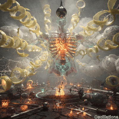 A translucent humanoid figure made of crystalline material with glowing orange and red internal structures stands at the center, surrounded by yellow spiral ribbons floating in the air