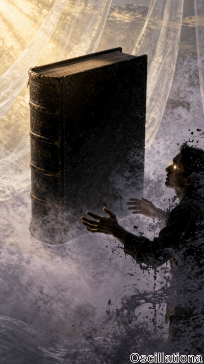 A massive dark leather-bound book hovers in swirling mist while a fragmented human figure reaches upward with glowing eyes. Dramatic golden light pierces through ethereal white veils and purple clouds.