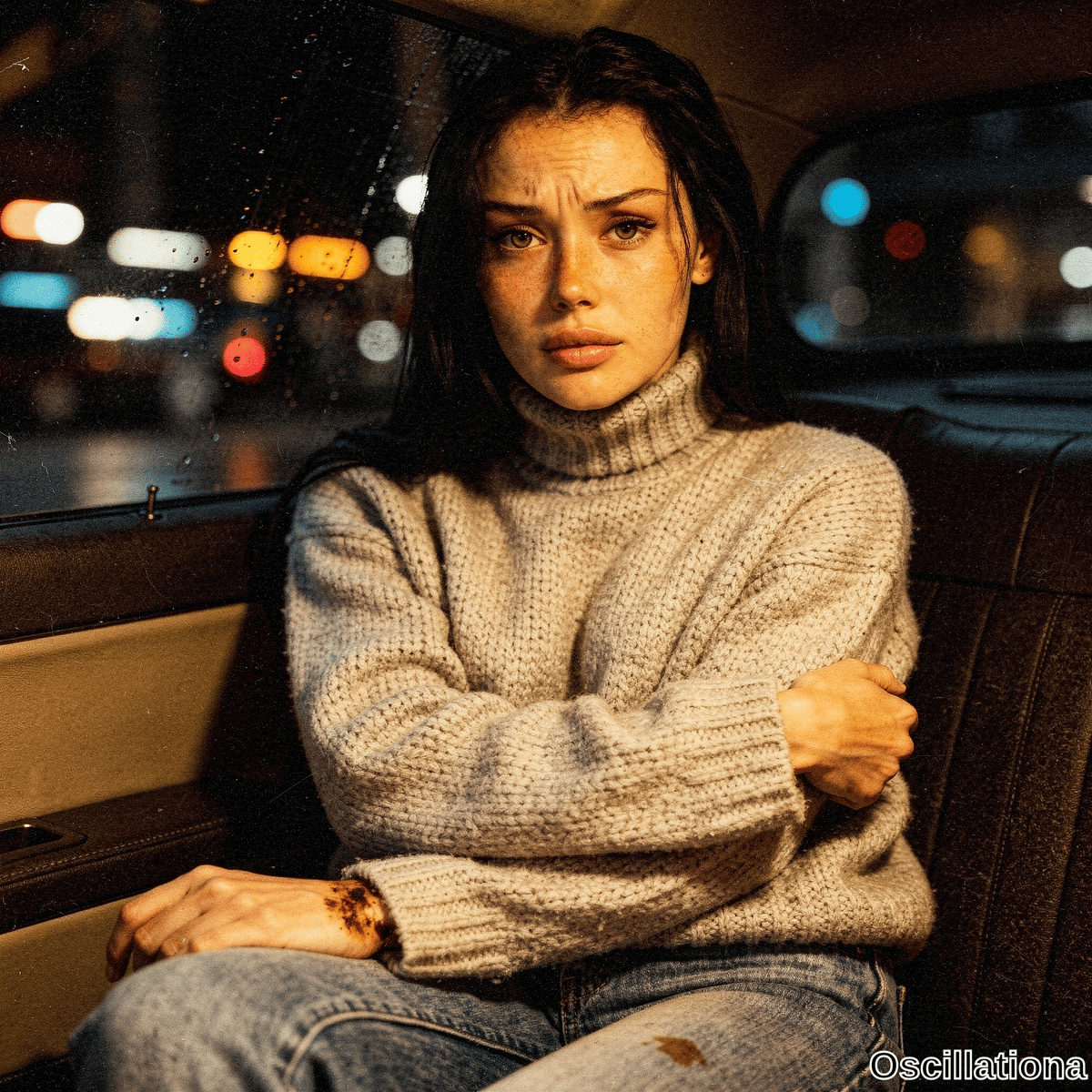 A freckled young woman in a cream turtleneck sits with crossed arms looking distressed in the back seat of a car at night with city lights blurred by rain. 
The somber vulnerable mood is heightened by her tense posture and