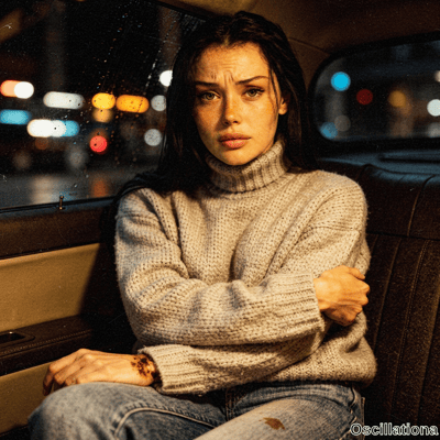 A freckled young woman in a cream turtleneck sits with crossed arms looking distressed in the back seat of a car at night with city lights blurred by rain. 
The somber vulnerable mood is heightened by her tense posture and