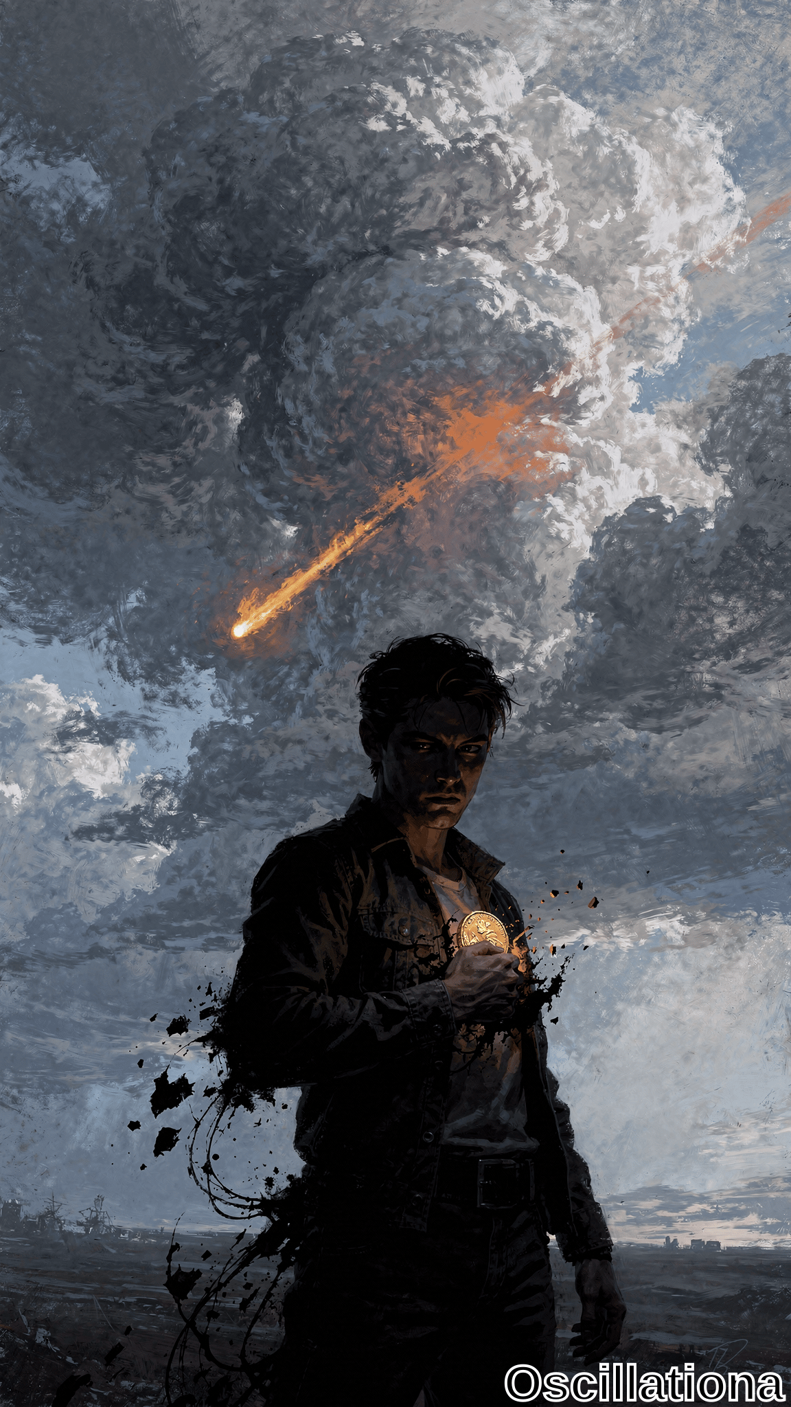 A solitary man stands in a barren landscape holding a glowing orb to his chest as a fiery comet streaks through heavy storm clouds. Dramatic cinematic style with dark grays, deep blues, and bright orange accents.