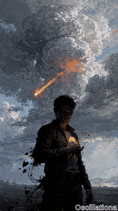 A solitary man stands in a barren landscape holding a glowing orb to his chest as a fiery comet streaks through heavy storm clouds. Dramatic cinematic style with dark grays, deep blues, and bright orange accents.