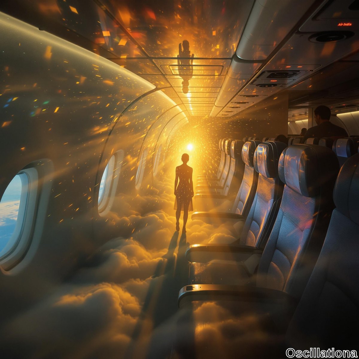 A surreal airplane cabin bathed in warm golden light, emanating from a bright source at the front.