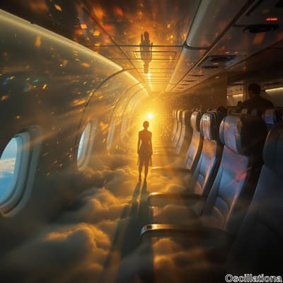 A surreal airplane cabin bathed in warm golden light, emanating from a bright source at the front.