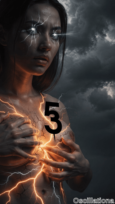 A dramatic portrait of a woman with cracked skin, glowing white eyes, and bright orange lightning bolts emanating from her chest against a dark stormy sky, overlaid with a large black number five.