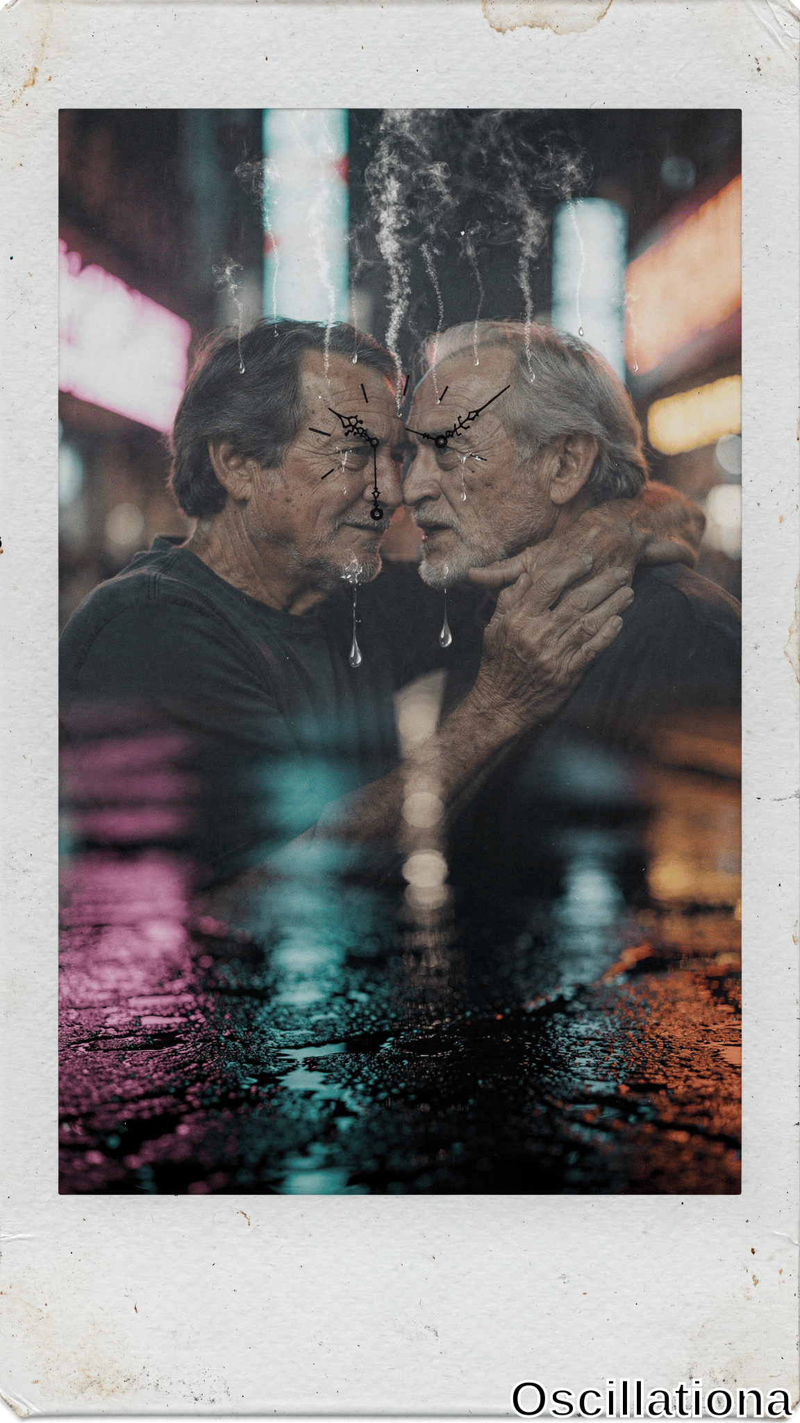 Vintage Polaroid-style photo of two elderly men in tender forehead embrace, gray hair and wrinkled faces fused with surreal brass clock gears as eyebrows, water droplets streaming from eyes like tears, dark shirts, blurry rainy cyberpunk street