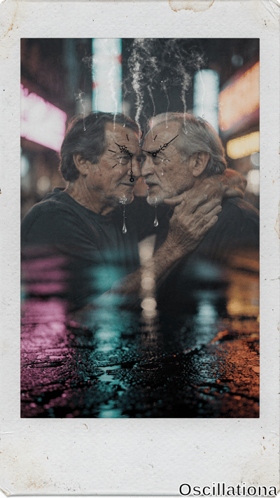 Vintage Polaroid-style photo of two elderly men in tender forehead embrace, gray hair and wrinkled faces fused with surreal brass clock gears as eyebrows, water droplets streaming from eyes like tears, dark shirts, blurry rainy cyberpunk street