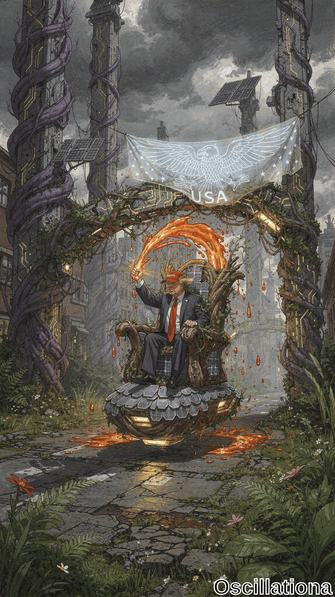 A Trump-like figure with fiery hair sits on a glowing fish-scale throne beneath a USA eagle banner in a vine-covered ruined city. Stormy skies, purple pillars, and orange fire accents create a dramatic dystopian mood.