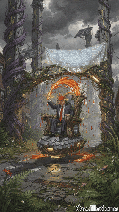 A Trump-like figure with fiery hair sits on a glowing fish-scale throne beneath a USA eagle banner in a vine-covered ruined city. Stormy skies, purple pillars, and orange fire accents create a dramatic dystopian mood.