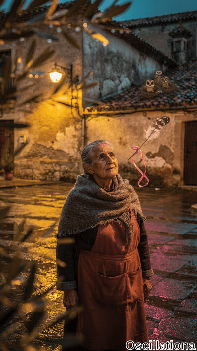 Elderly woman in gray shawl and maroon apron gazes thoughtfully upward in rain-slicked cobblestone alley at twilight, framed by silvery olive branches. She holds white-spotted owl feather with pink ribbon; owl figurines nest