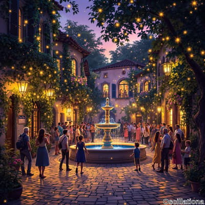 A twilight-lit courtyard with a central fountain featuring cascading water and blue-lit base, surrounded by ornate buildings with terracotta roofs and arched windows, draped in flowering vines.