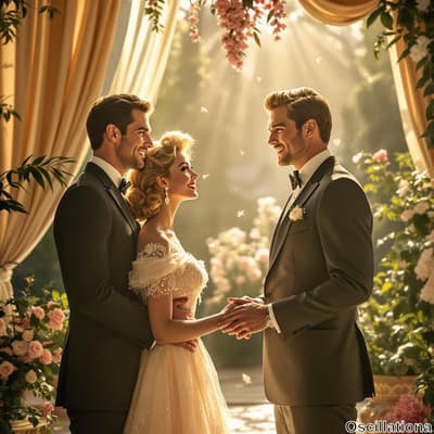 A wedding scene outdoors with three people: two men in dark gray tuxedos with black bow ties and white shirts, and a woman in a light, off-the-shoulder champagne-colored gown with lace and pearls.