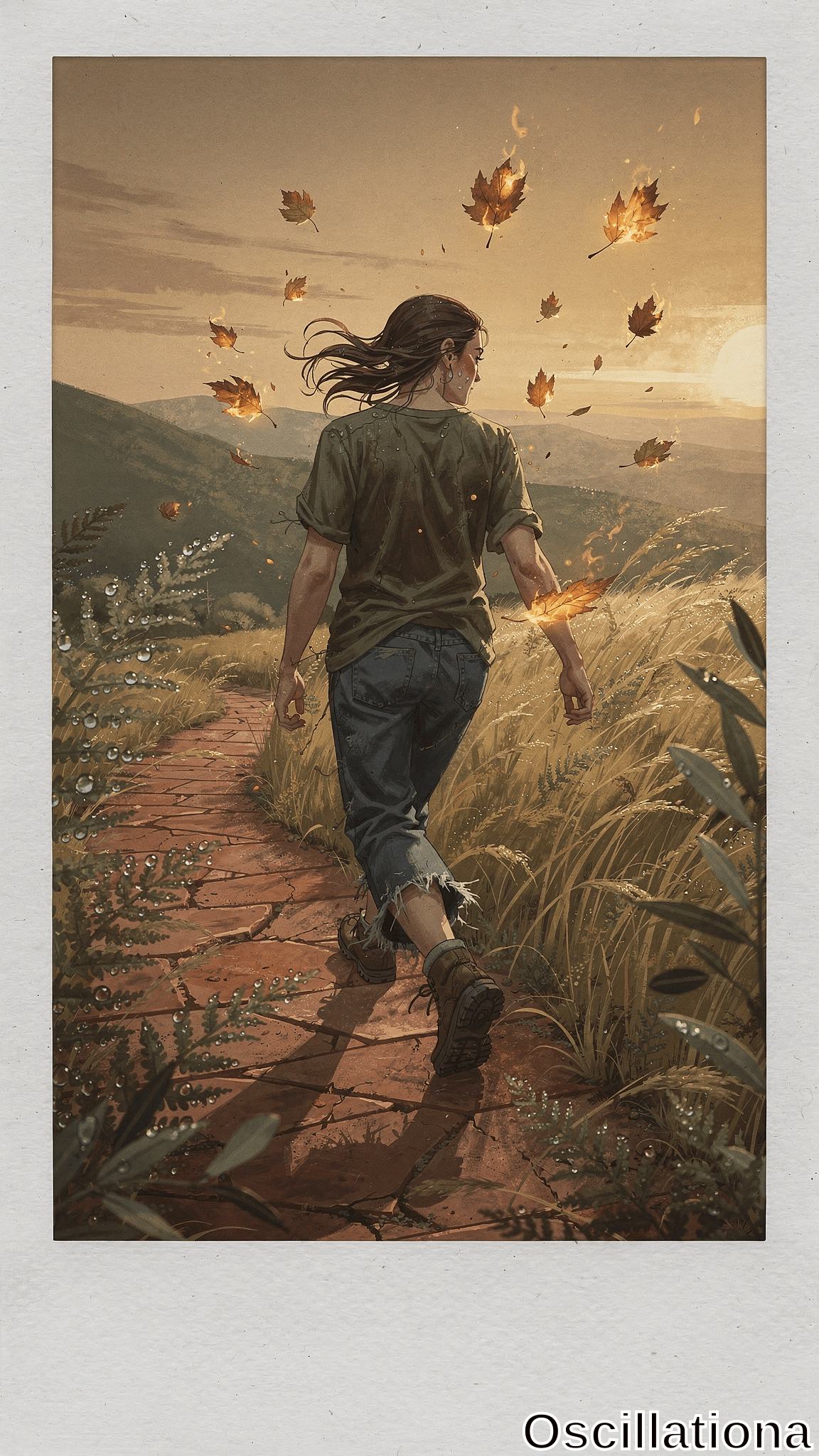 A melancholic long-haired young man in profile with teary eye walks away on cracked red-brick path through dew-kissed golden wheat fields and ferns at sunset. Damp olive t-shirt, frayed cuffed jeans, tan