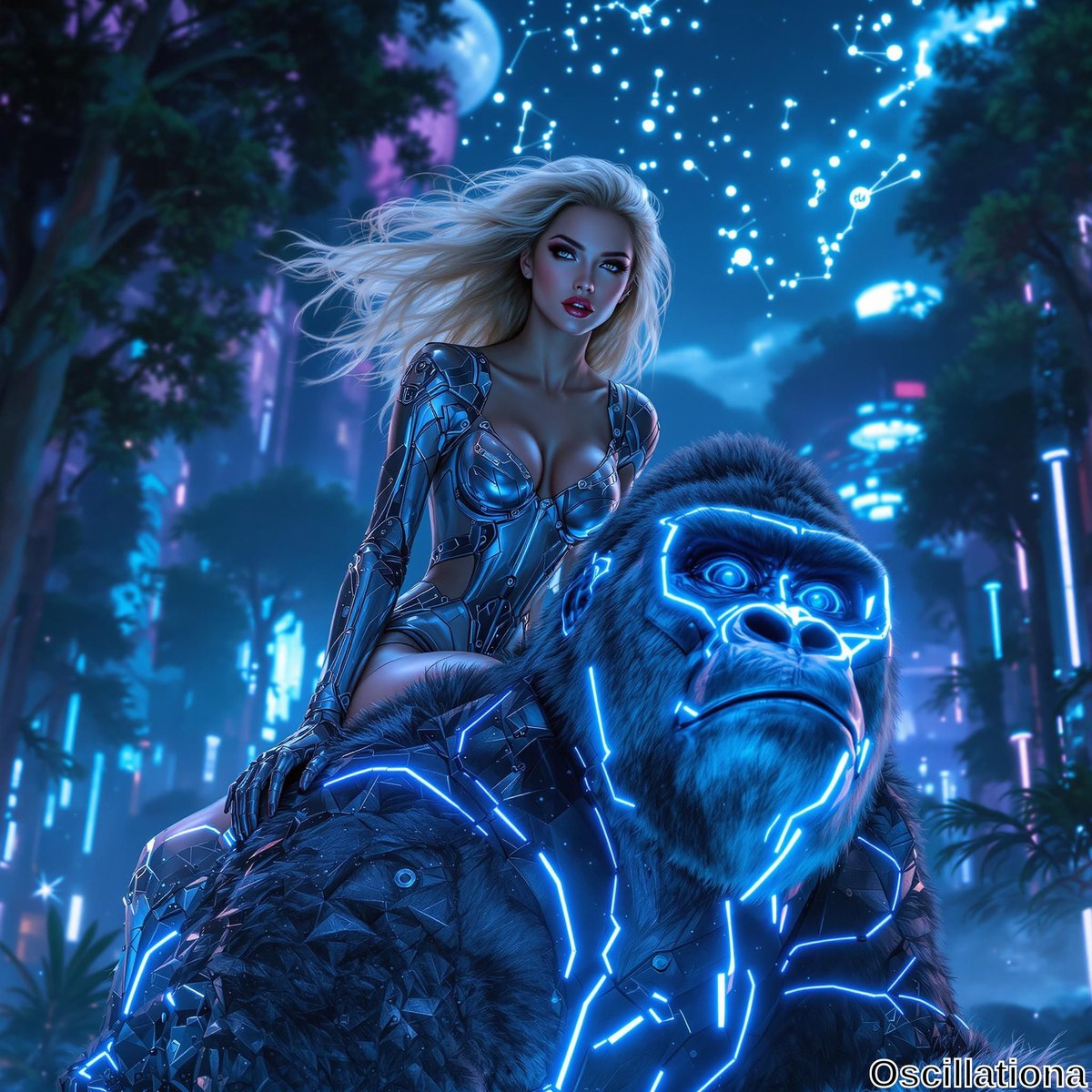 A woman with flowing blonde hair rides a robotic gorilla with glowing blue patterns on its dark fur, both set against a futuristic night scene.