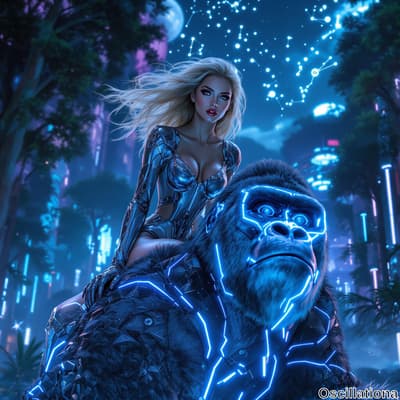 A woman with flowing blonde hair rides a robotic gorilla with glowing blue patterns on its dark fur, both set against a futuristic night scene.