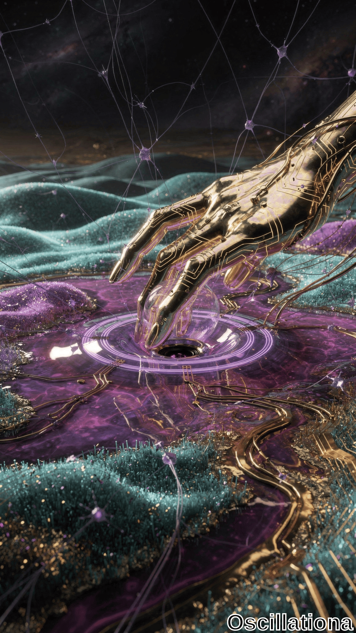 A golden robotic hand with intricate circuitry reaches into a surreal scene, interacting with a glowing purple portal on a glossy, undulating terrain of purple and teal