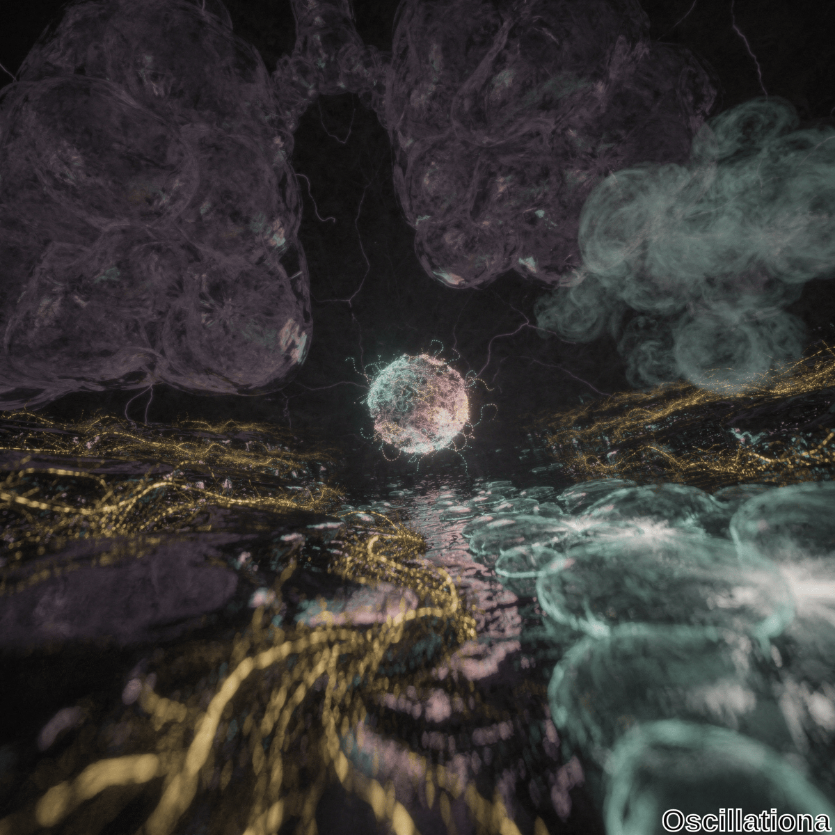 A glowing, spherical object with intricate web-like patterns at the center emits light against a dark background, surrounded by large, amorphous purple clouds on the left and lighter, translucent blue and green clouds on the right, with a reflective