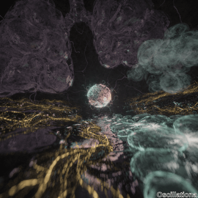 A glowing, spherical object with intricate web-like patterns at the center emits light against a dark background, surrounded by large, amorphous purple clouds on the left and lighter, translucent blue and green clouds on the right, with a reflective
