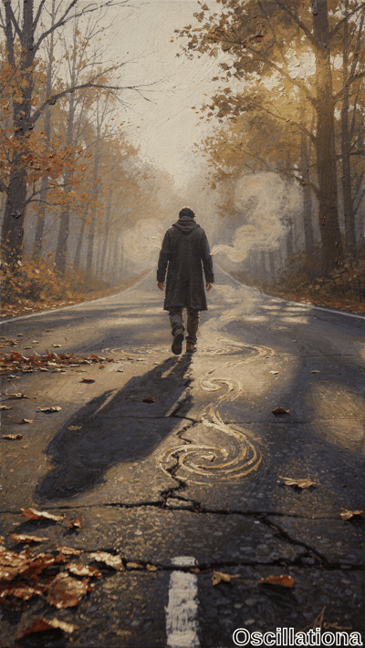 Moody oil painting of solitary hooded man in long dark gray coat walking away down cracked, leaf-strewn asphalt road with surreal golden swirls, glistening oily puddles, and long shadows; foggy autumn forest in hazy golden