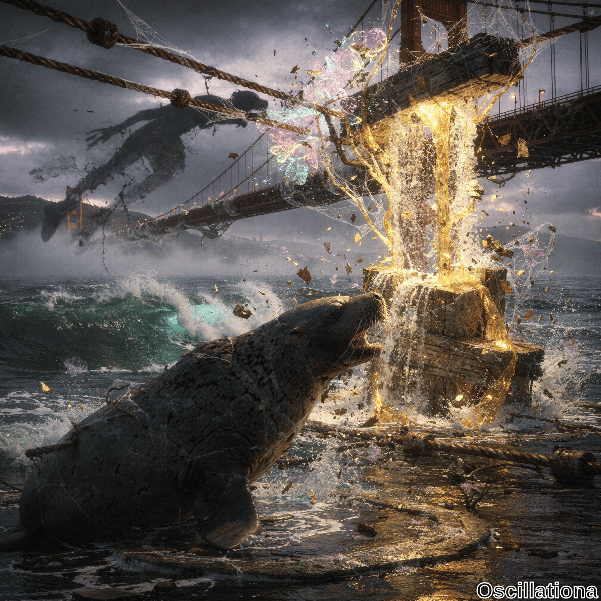 A surreal scene with a partially destroyed bridge resembling the Golden Gate in the background, cables hanging loosely