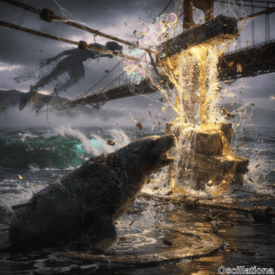A surreal scene with a partially destroyed bridge resembling the Golden Gate in the background, cables hanging loosely