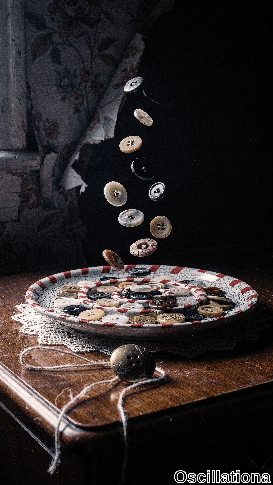 Dimly lit vintage still life on worn wood table: cracked white plate with red-striped rim on lace doily overflows spiral of colorful buttons—whites, blacks, metallics—bursting mid-air into black void. Tw