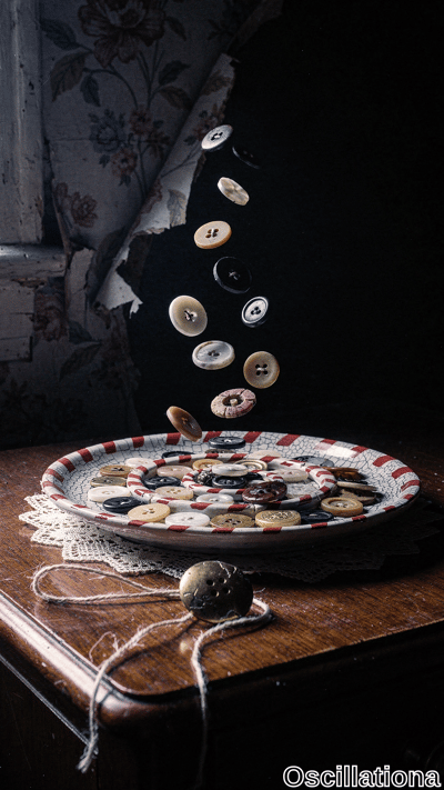 Dimly lit vintage still life on worn wood table: cracked white plate with red-striped rim on lace doily overflows spiral of colorful buttons—whites, blacks, metallics—bursting mid-air into black void. Tw