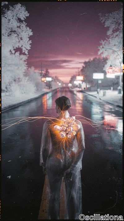 Surreal cyberpunk dusk on wet reflective road with snow-frosted white trees. Back-view semi-nude pale figure in glistening translucent gray plastic, short dark hair; jagged orange crystals erupt from upper back, sparking golden arcs