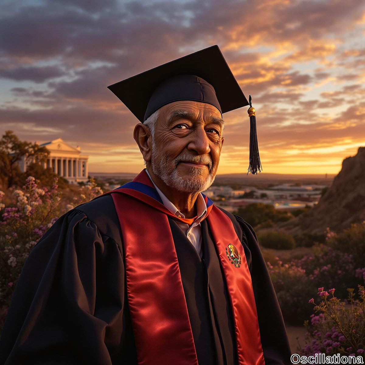 "Person in black graduation cap and gown with red stole and vibrant emblem, standing outdoors at sunset