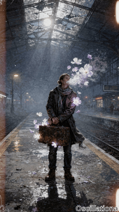 Surreal rainy night at dilapidated train station: tall androgynous figure in black trench coat, gray scarf, grips battered suitcase erupting ethereal white-purple cherry blossoms floating upward around head, amid moonlight beams, wet pudd