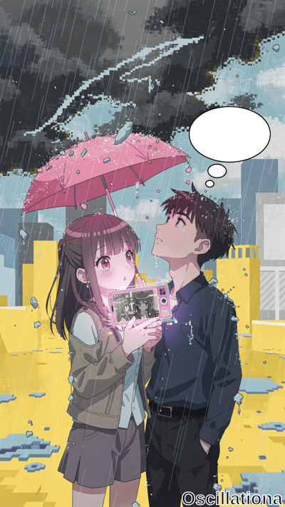 Anime-style teen girl with long brown hair, red eyes, blushing surprise, holds glowing pink smartphone under shared pink umbrella with loving-gazing boy in rainy cyberpunk city at dusk; pixelated rain, neon lights.