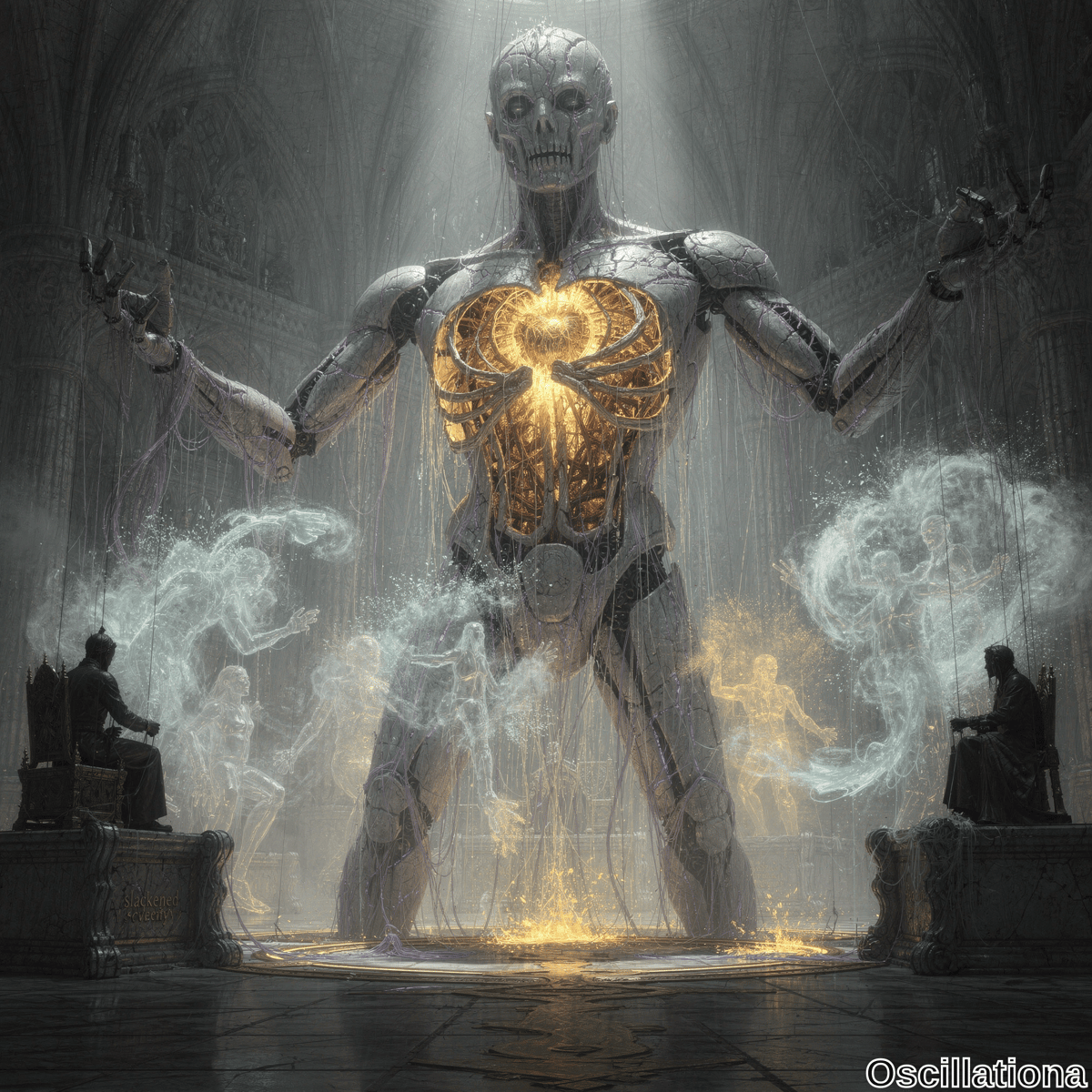 A towering, skeletal robot with a weathered metallic body stands in a commanding pose within a grand, gothic hall, its open chest revealing a glowing golden core that emits intense light and energy