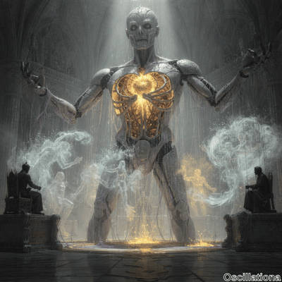 A towering, skeletal robot with a weathered metallic body stands in a commanding pose within a grand, gothic hall, its open chest revealing a glowing golden core that emits intense light and energy