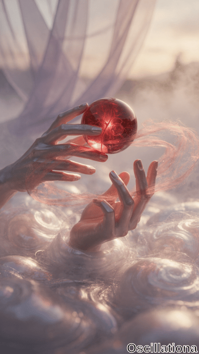 Pale hands cradle a luminous red orb with intricate internal patterns above swirling white silk and mist. Soft pastel lighting and flowing translucent fabrics create an ethereal, dreamlike mood.