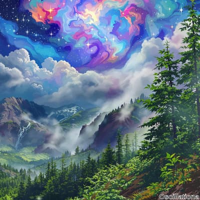 A fantastical landscape with a swirling sky of blues, purples, pinks, and oranges, resembling an aurora or nebula, dotted with stars
