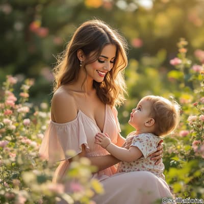 A woman in a delicate off-shoulder pink dress tenderly holds a baby in a sunlit garden, surrounded by soft blooming flowers.