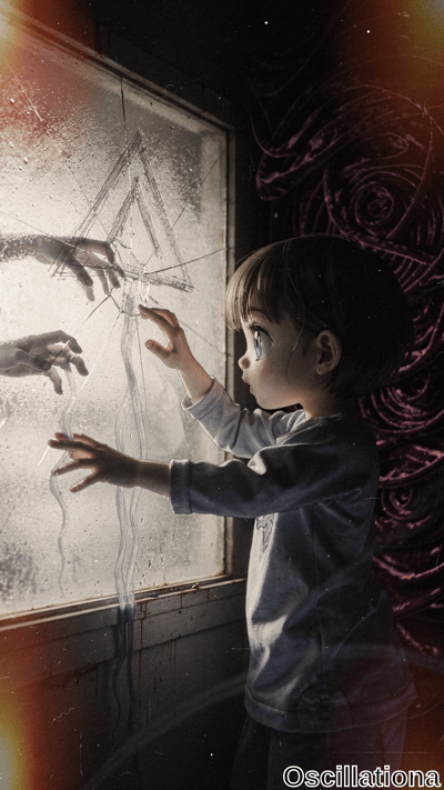 Anime-style horror: pale child with short brown hair, wide glossy blue eyes, in loose gray sweater reaches curiously to foggy window; ghostly bony hands claw through cracks outside, black pyramid smear, thorny pink-purple vines, blood