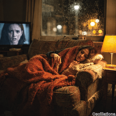 Cozy dimly lit living room at night in heavy rainstorm: young woman with tousled brown hair asleep on worn brown-orange armchair, shaggy rust blanket over gray sweater, hand near face. TV shows horror with terrified red