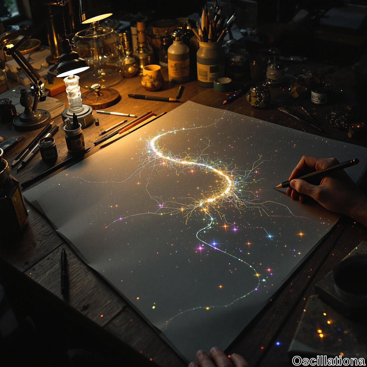 An artist's hand delicately holds a pencil, drawing a glowing, intricate 'S' shaped design on paper, resembling a cosmic or neural network with vibrant yellows, blues, purples, and greens.