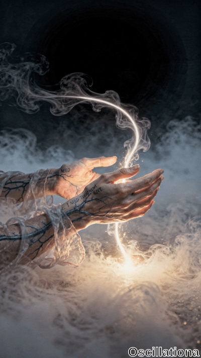 "An older person's hands with wrinkles and visible veins, adorned with blue tattoos spelling 'I NEED TREATMENT' across fingers and wrists, holding a glowing white ethereal light loop with wisps of mist against