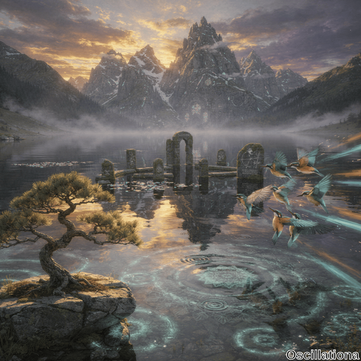 A serene fantastical landscape at dawn or dusk, featuring majestic snow-capped mountains, a calm lake with glowing ripples, ancient moss-covered ruins in the water, vibrant kingfisher-like birds leaving trails of light, a stylized tree