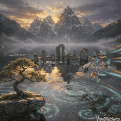 A serene fantastical landscape at dawn or dusk, featuring majestic snow-capped mountains, a calm lake with glowing ripples, ancient moss-covered ruins in the water, vibrant kingfisher-like birds leaving trails of light, a stylized tree