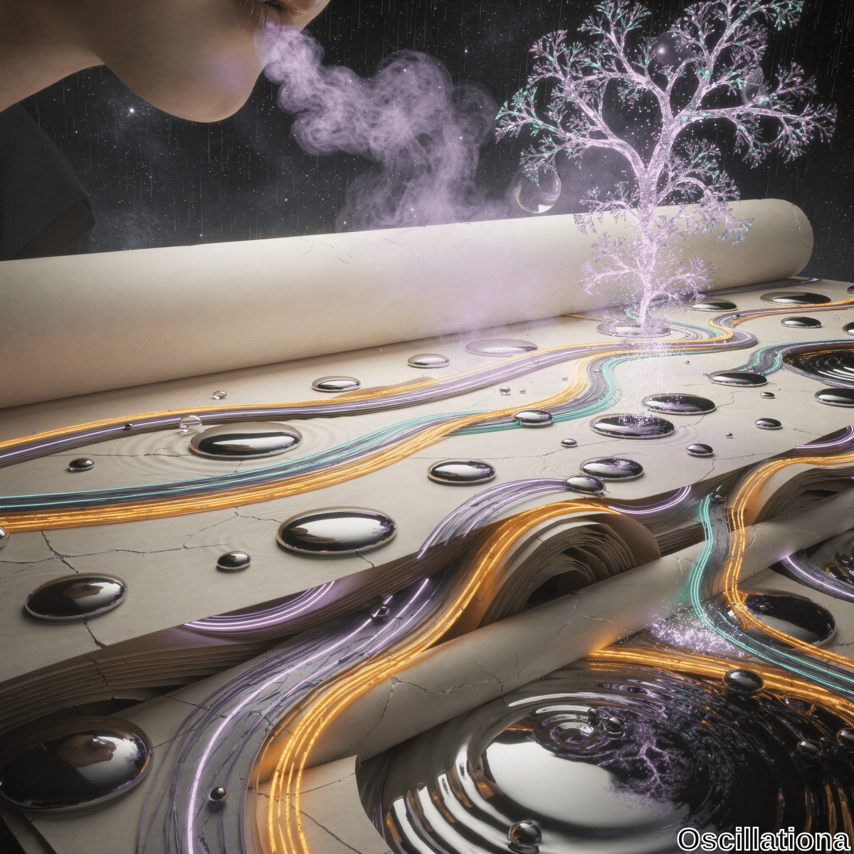 A close-up of lips blowing purple mist near a glowing, fractal-patterned tree emerging from a cracked scroll, with metallic droplets and colorful, flowing energy pathways on the parchment against a dark, starry sky
