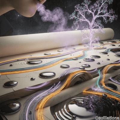 A close-up of lips blowing purple mist near a glowing, fractal-patterned tree emerging from a cracked scroll, with metallic droplets and colorful, flowing energy pathways on the parchment against a dark, starry sky