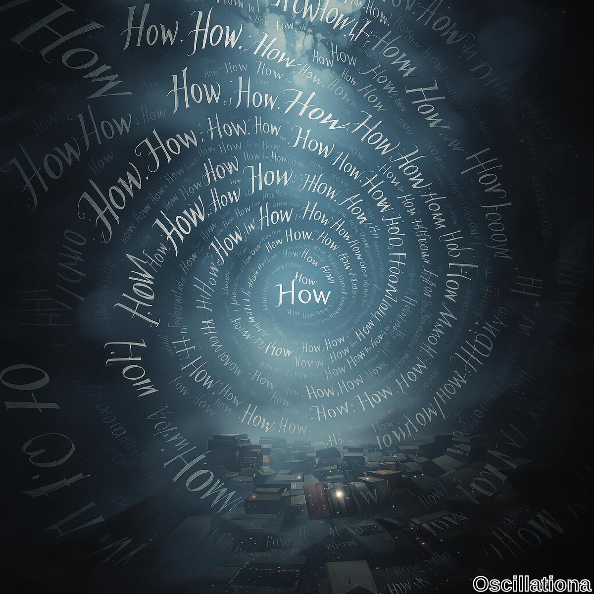 A surreal vortex made of the word "How" in various fonts and sizes radiates from a central point in white and light gray against a dark, smoky background.