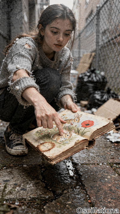 Contemplative freckled teen girl with tousled brown hair crouches in rainy urban alley, wearing frayed oversized gray sweater, ripped jeans, muddy Converse. Points at open, weathered "The Tale of Peter Rabbit"
